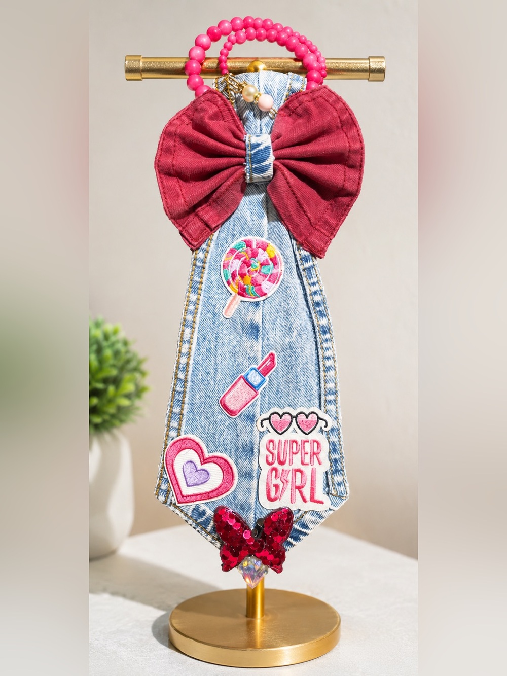 Denim Bow Tie with Pink Sequin Accent & Fun Patches